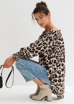 bonprix Bekleidung·Jacken & Mäntel|Blusen & Tuniken|Vokuhila-Bluse kreidebeige/braun leo bedruckt