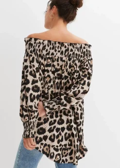 bonprix Bekleidung·Jacken & Mäntel|Blusen & Tuniken|Vokuhila-Bluse kreidebeige/braun leo bedruckt