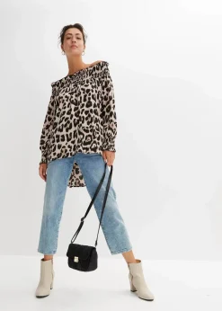 bonprix Bekleidung·Jacken & Mäntel|Blusen & Tuniken|Vokuhila-Bluse kreidebeige/braun leo bedruckt