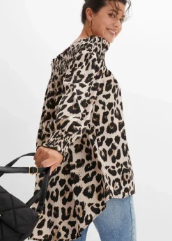 bonprix Bekleidung·Jacken & Mäntel|Blusen & Tuniken|Vokuhila-Bluse kreidebeige/braun leo bedruckt