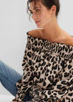 bonprix Bekleidung·Jacken & Mäntel|Blusen & Tuniken|Vokuhila-Bluse kreidebeige/braun leo bedruckt