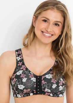 bonprix Wäsche·Baumwollunterwäsche|Wäsche·Große Cups D-H|Vorderverschluss-BH ohne Bügel (2er Pack) mit Baumwolle schwarz geblümt + schwarz