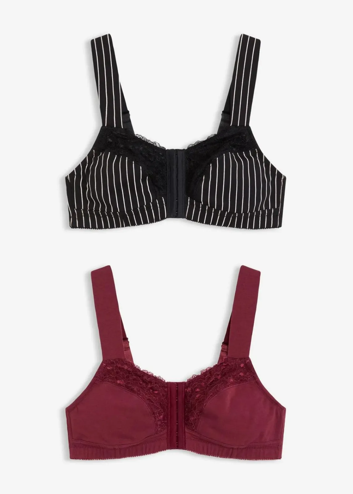 bonprix Wäsche·Baumwollunterwäsche|Wäsche·Große Cups D-H|Vorderverschluss-BH ohne Bügel mit Bio-Baumwolle (2er Pack) schwarz/wollweiß gestreift+ahornrot