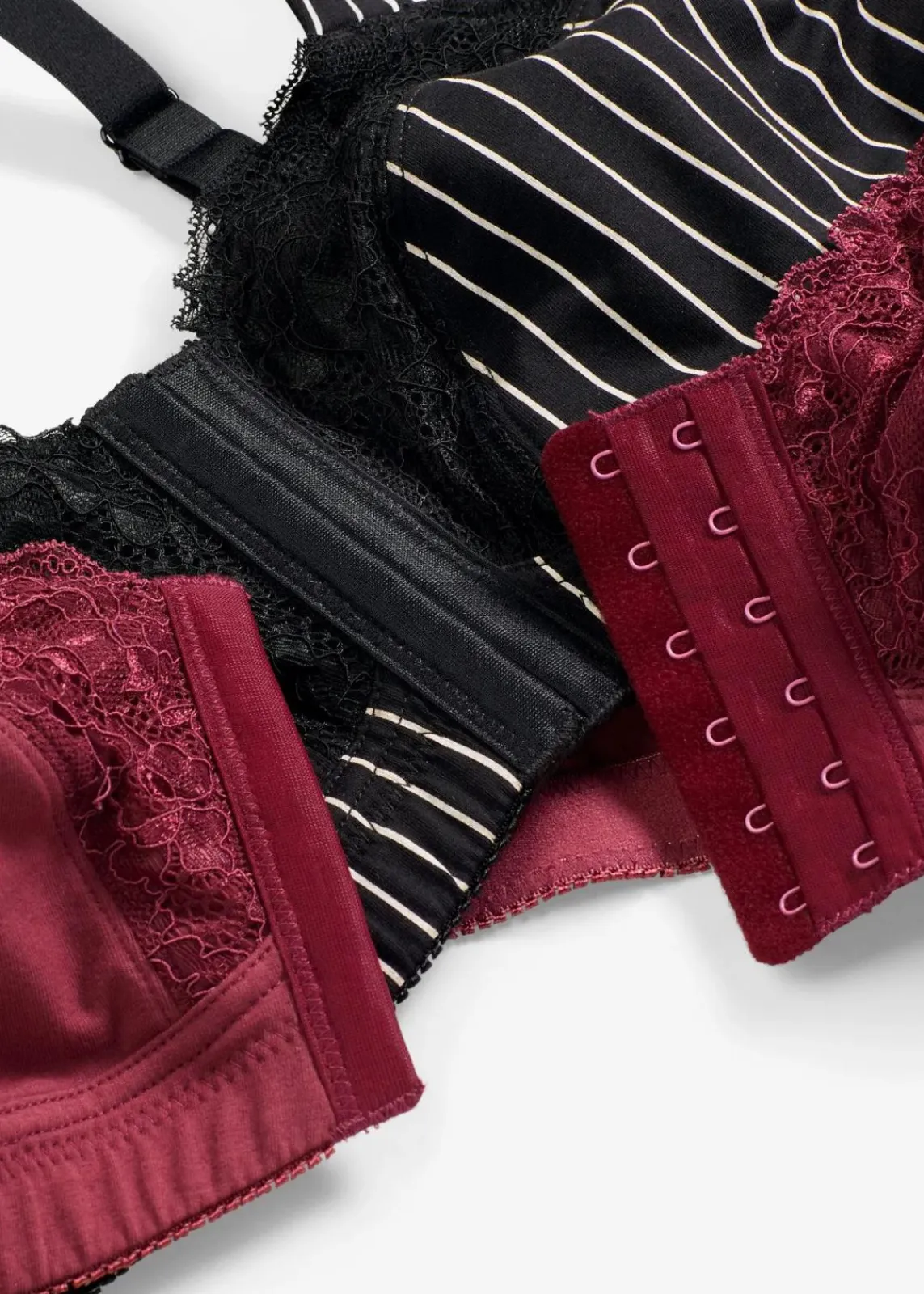 bonprix Wäsche·Baumwollunterwäsche|Wäsche·Große Cups D-H|Vorderverschluss-BH ohne Bügel mit Bio-Baumwolle (2er Pack) schwarz/wollweiß gestreift+ahornrot