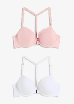 bonprix Bhs|Baumwollunterwäsche|Vorderverschluss-Schalen BH mit Bügel mit Baumwolle (2er Pack) antikrosa + weiß