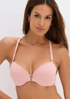 bonprix Bhs|Baumwollunterwäsche|Vorderverschluss-Schalen BH mit Bügel mit Baumwolle (2er Pack) antikrosa + weiß