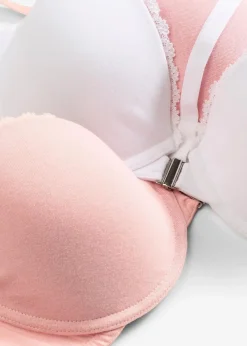 bonprix Bhs|Baumwollunterwäsche|Vorderverschluss-Schalen BH mit Bügel mit Baumwolle (2er Pack) antikrosa + weiß
