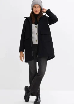 bonprix Bekleidung·Hosen|Jacken & Mäntel|warm wattierter Winterparka mit Teddyfutter in Kapuze schwarz