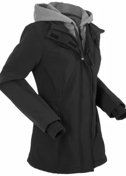 bonprix Bekleidung·Hosen|Jacken & Mäntel|wasserabweisende Softshell-Longjacke, 2 in 1-Optik schwarz