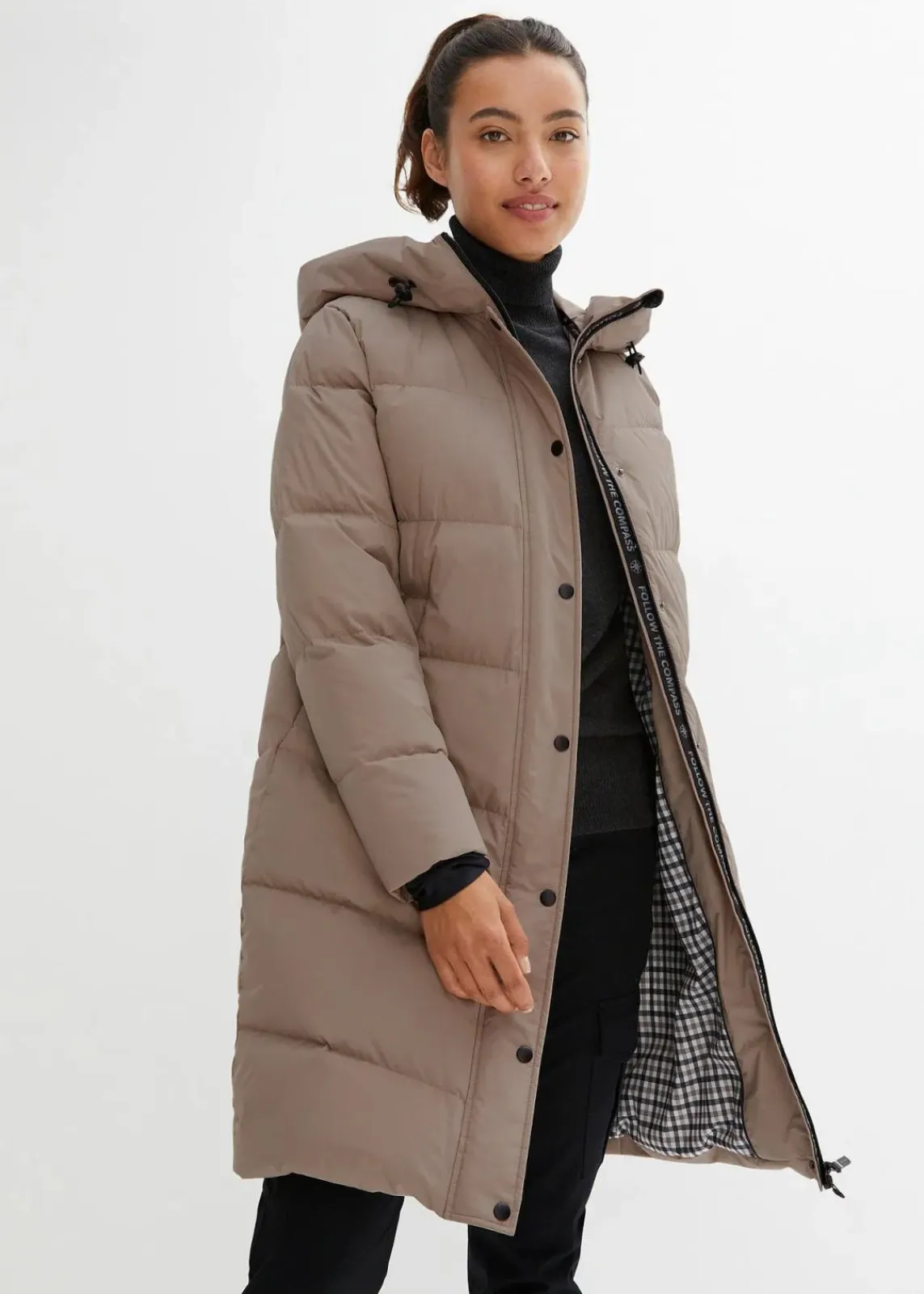 bonprix Nachhaltigere Materialien|Jacken & Mäntel|wasserabweisender Daunenmantel mit bedrucktem Innenfutter taupe