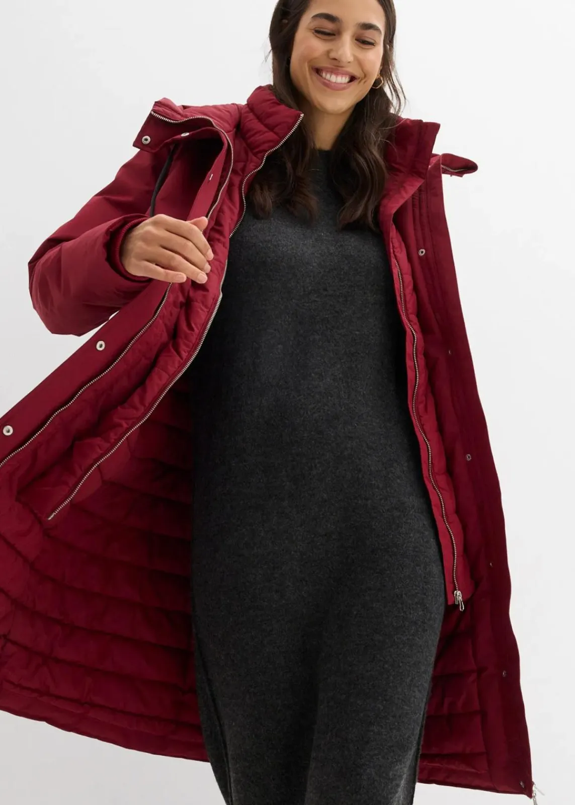 bonprix Bekleidung·Hosen|Jacken & Mäntel|wasserabweisender Outdoor-Mantel, 2in1 Optik pflaumenrot