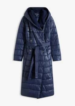 bonprix Bekleidung·Hosen|Jacken & Mäntel|wasserabweisender Steppmantel mit Wollimitat Besatz und Bindegürtel (2-tlg.) dunkelblau