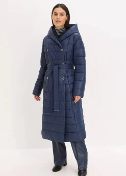 bonprix Bekleidung·Hosen|Jacken & Mäntel|wasserabweisender Steppmantel mit Wollimitat Besatz und Bindegürtel (2-tlg.) dunkelblau