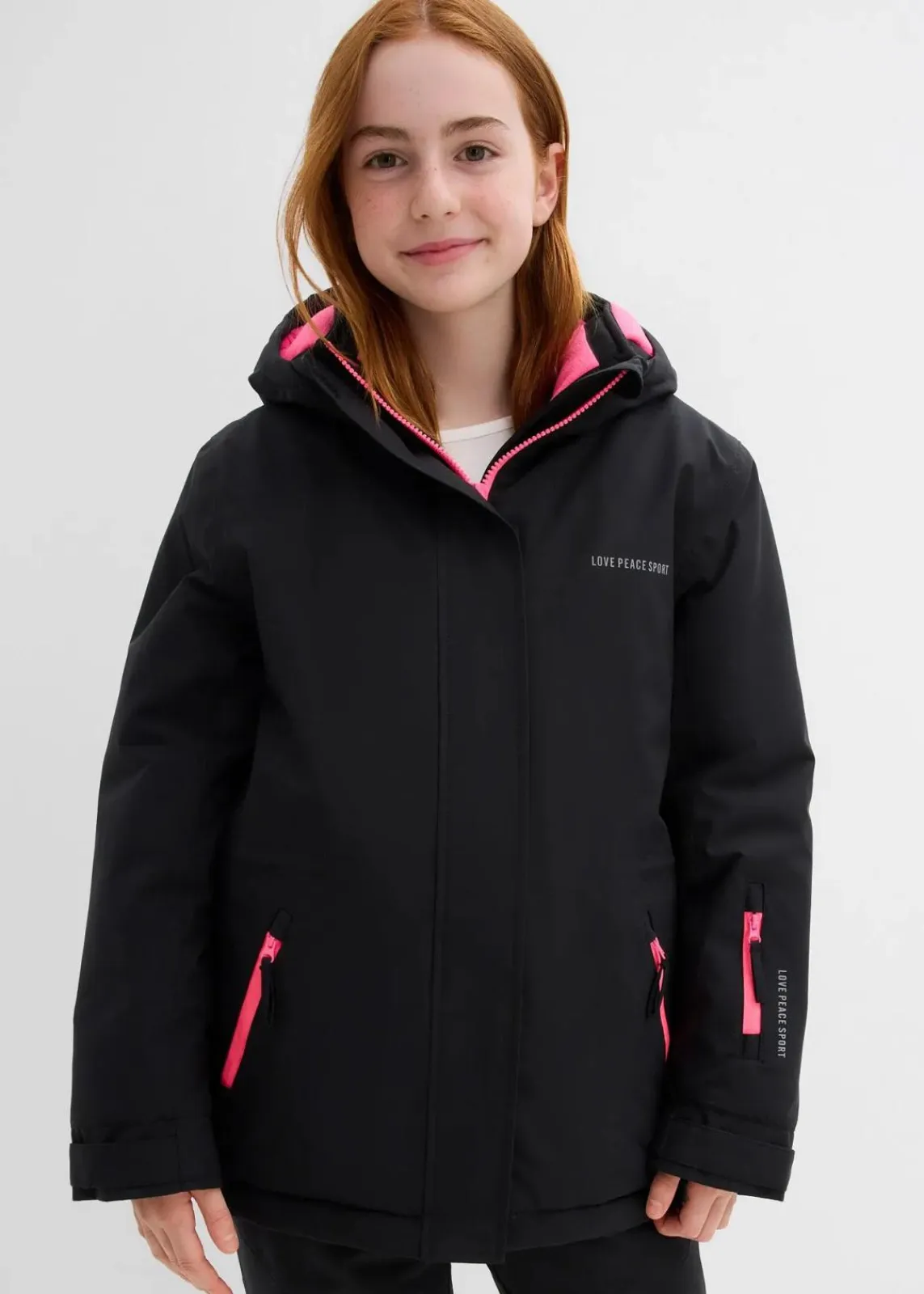 bonprix Mädchen 9-16 Jahre·Jacken & Outdoor|Wasserdichte Skijacke mit sportiven Details schwarz/neonpink