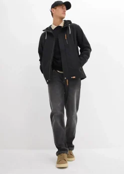 bonprix Große Größen|Jacken & Mäntel|wassserabweisende Funktionsjacke mit Kapuze und Lederimitat-Details schwarz