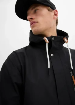 bonprix Große Größen|Jacken & Mäntel|wassserabweisende Funktionsjacke mit Kapuze und Lederimitat-Details schwarz
