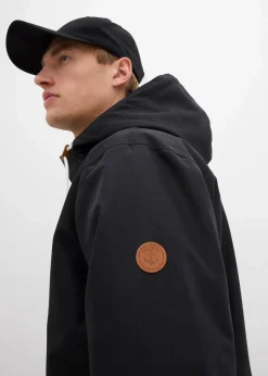 bonprix Große Größen|Jacken & Mäntel|wassserabweisende Funktionsjacke mit Kapuze und Lederimitat-Details schwarz