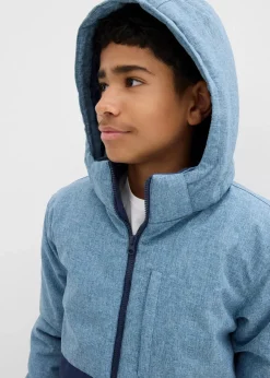 bonprix Jungen 9-16 Jahre·Jacken & Outdoor|wattierte Winterjacke im Colourblocking mit Kapuze dunkelblau/wellenblau meliert