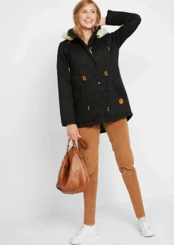 bonprix Bekleidung·Hosen|Jacken & Mäntel|Wattierter Parka mit Fellimitat-Besatz schwarz