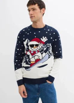 bonprix Große Größen|Pullover & Strickjacken|Weihnachtspullover mit Baumwolle dunkelblau/wollweiß