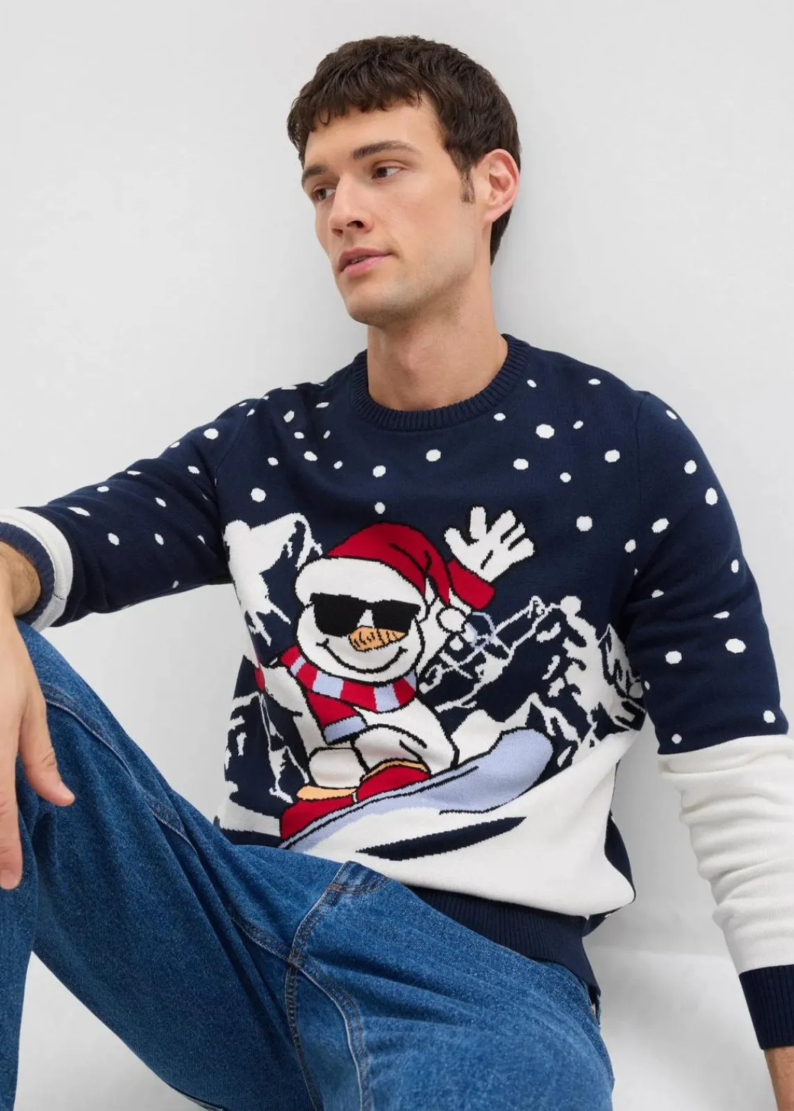 bonprix Große Größen|Pullover & Strickjacken|Weihnachtspullover mit Baumwolle dunkelblau/wollweiß