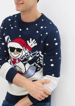 bonprix Große Größen|Pullover & Strickjacken|Weihnachtspullover mit Baumwolle dunkelblau/wollweiß