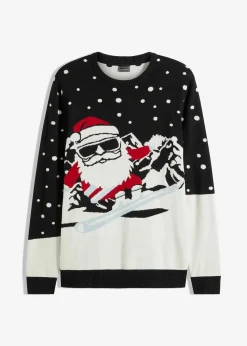 bonprix Pullover & Strickjacken|Große Größen|Weihnachtspullover mit Baumwolle schwarz/wollweiß