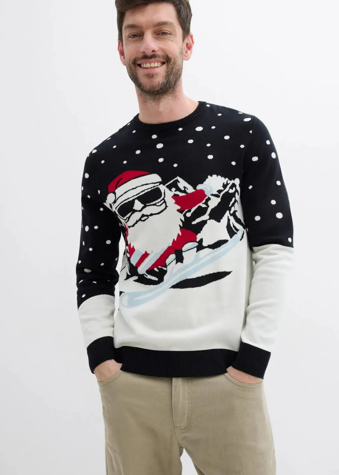 bonprix Pullover & Strickjacken|Große Größen|Weihnachtspullover mit Baumwolle schwarz/wollweiß