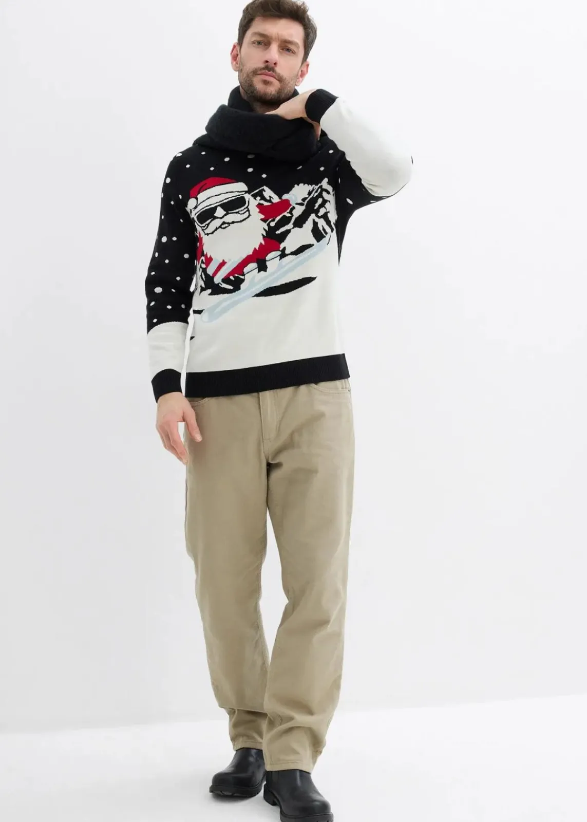 bonprix Pullover & Strickjacken|Große Größen|Weihnachtspullover mit Baumwolle schwarz/wollweiß