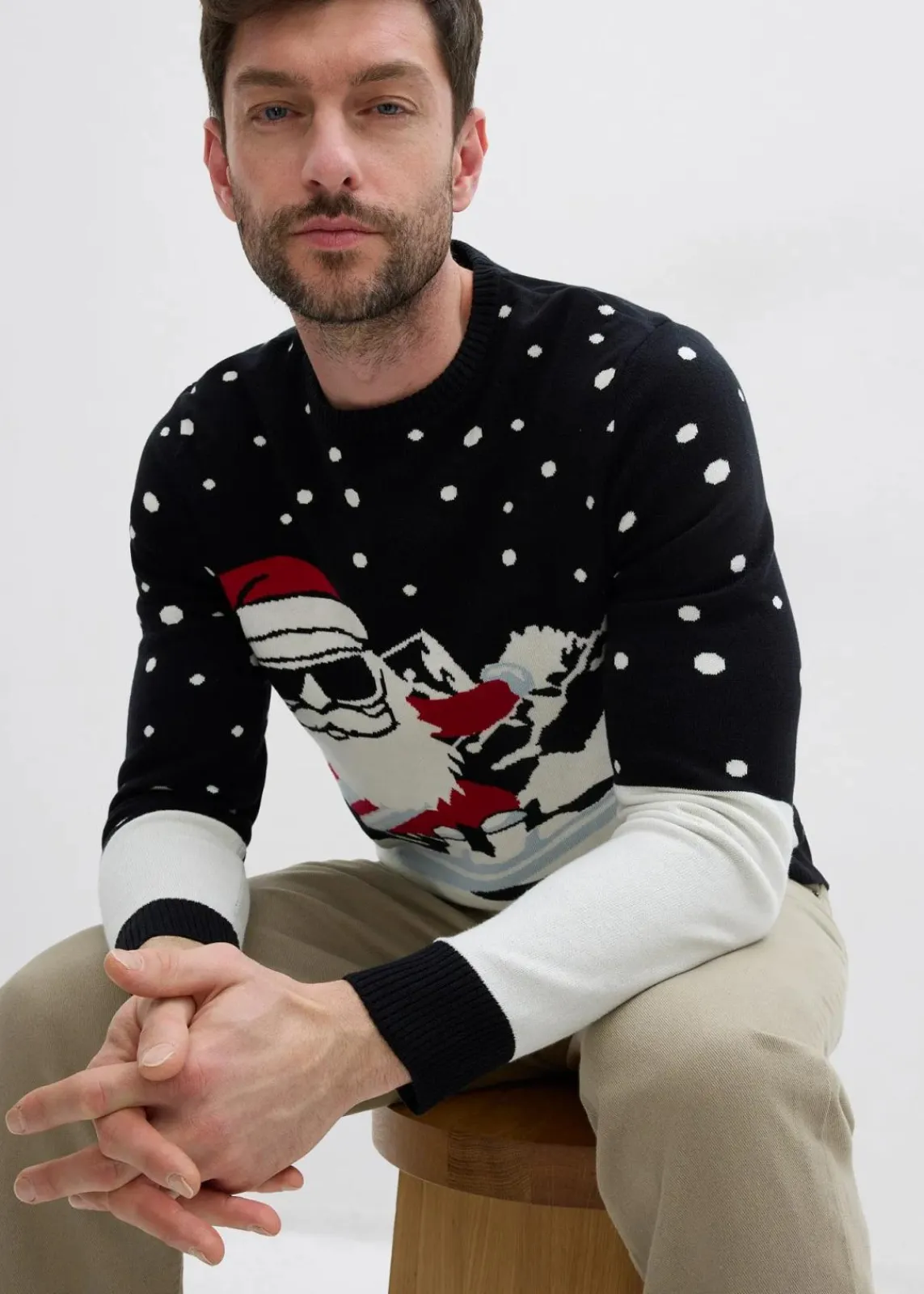 bonprix Pullover & Strickjacken|Große Größen|Weihnachtspullover mit Baumwolle schwarz/wollweiß