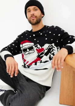 bonprix Pullover & Strickjacken|Große Größen|Weihnachtspullover mit Baumwolle schwarz/wollweiß