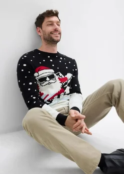 bonprix Pullover & Strickjacken|Große Größen|Weihnachtspullover mit Baumwolle schwarz/wollweiß