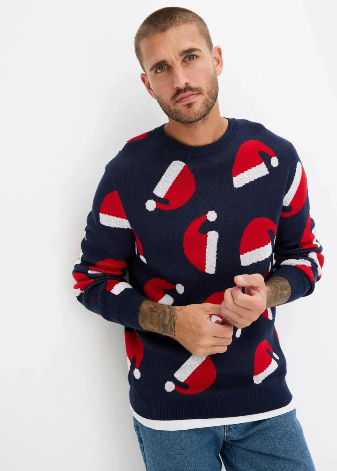 bonprix Pullover & Strickjacken|Große Größen|Weihnachtspullover mit Baumwolle dunkelblau