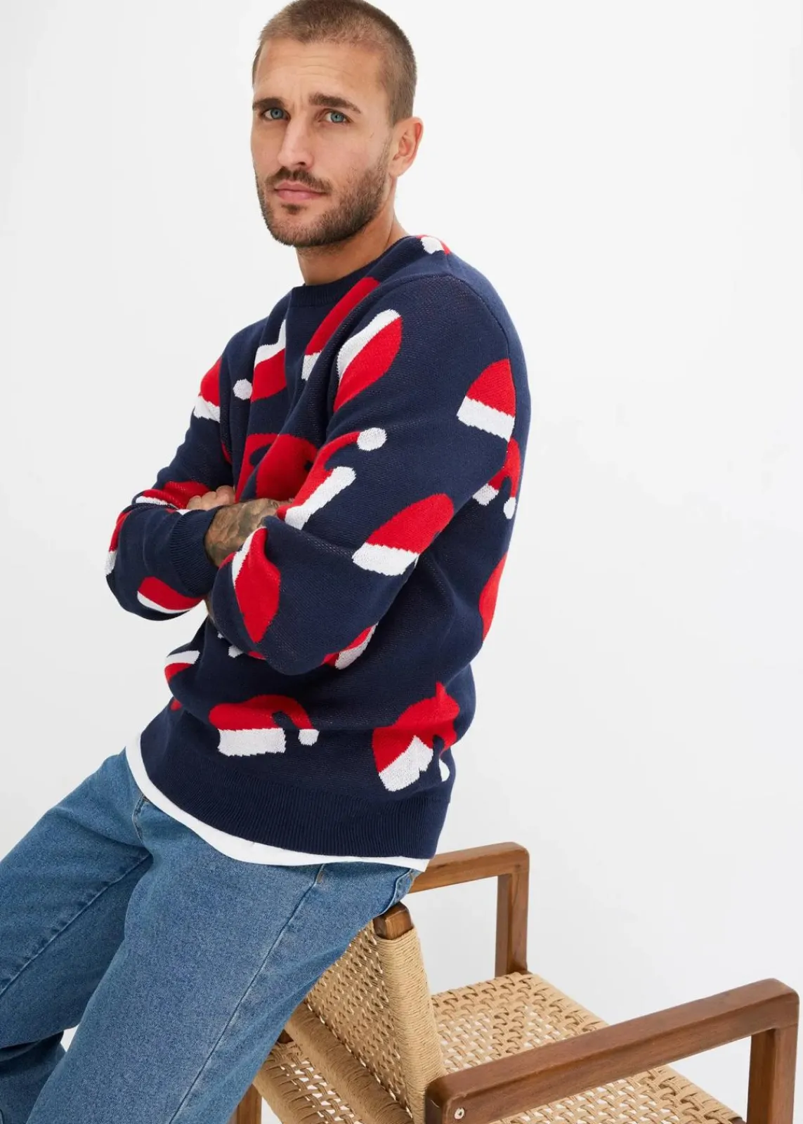 bonprix Pullover & Strickjacken|Große Größen|Weihnachtspullover mit Baumwolle dunkelblau