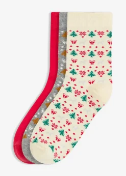 bonprix Socken|Socken|Weihnachtssocken mit Bio-Baumwolle (3er Pack) cremeweiß gemustert + beige meliert gemustert + rot gemustert