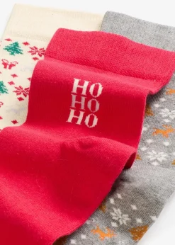 bonprix Socken|Socken|Weihnachtssocken mit Bio-Baumwolle (3er Pack) cremeweiß gemustert + beige meliert gemustert + rot gemustert
