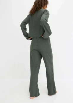 bonprix Wäsche·Nachtwäsche|Wäsche·Homewear|Weit geschnittener Loungewear Hausanzug aus weicher Rippe dunkelgrün meliert