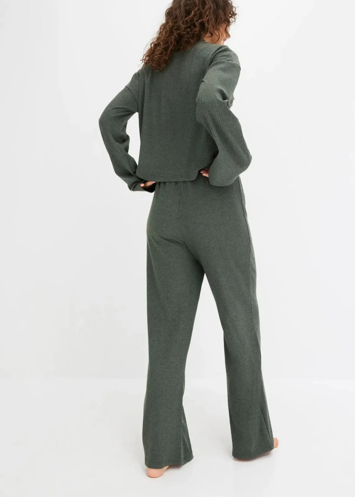 bonprix Wäsche·Nachtwäsche|Wäsche·Homewear|Weit geschnittener Loungewear Hausanzug aus weicher Rippe dunkelgrün meliert