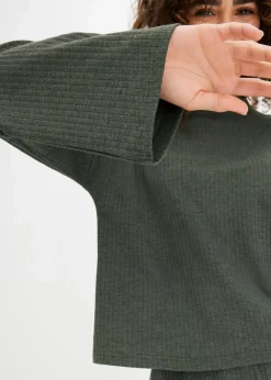 bonprix Wäsche·Nachtwäsche|Wäsche·Homewear|Weit geschnittener Loungewear Hausanzug aus weicher Rippe dunkelgrün meliert