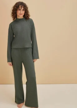 bonprix Wäsche·Nachtwäsche|Wäsche·Homewear|Weit geschnittener Loungewear Hausanzug aus weicher Rippe dunkelgrün meliert