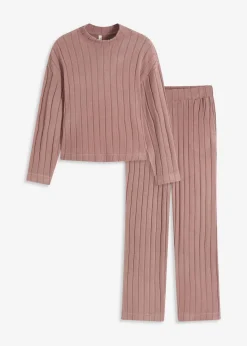 bonprix Homewear|Nachtwäsche|Weit geschnittener Loungewear Hausanzug aus weicher Rippe matt braun