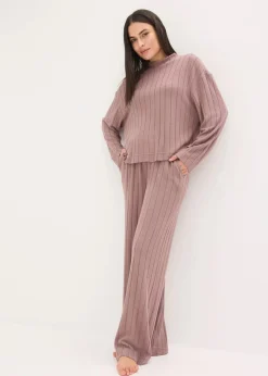 bonprix Homewear|Nachtwäsche|Weit geschnittener Loungewear Hausanzug aus weicher Rippe matt braun