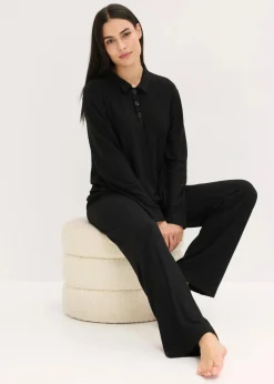 bonprix Wäsche·Homewear|Wäsche·Nachtwäsche|Weit geschnittener Loungewear Hausanzug aus weicher Rippe schwarz