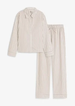 bonprix Wäsche·Homewear|Wäsche·Nachtwäsche|Weit geschnittener Loungewear Hausanzug aus gewebter Baumwolle natur/mattbraun gestreift