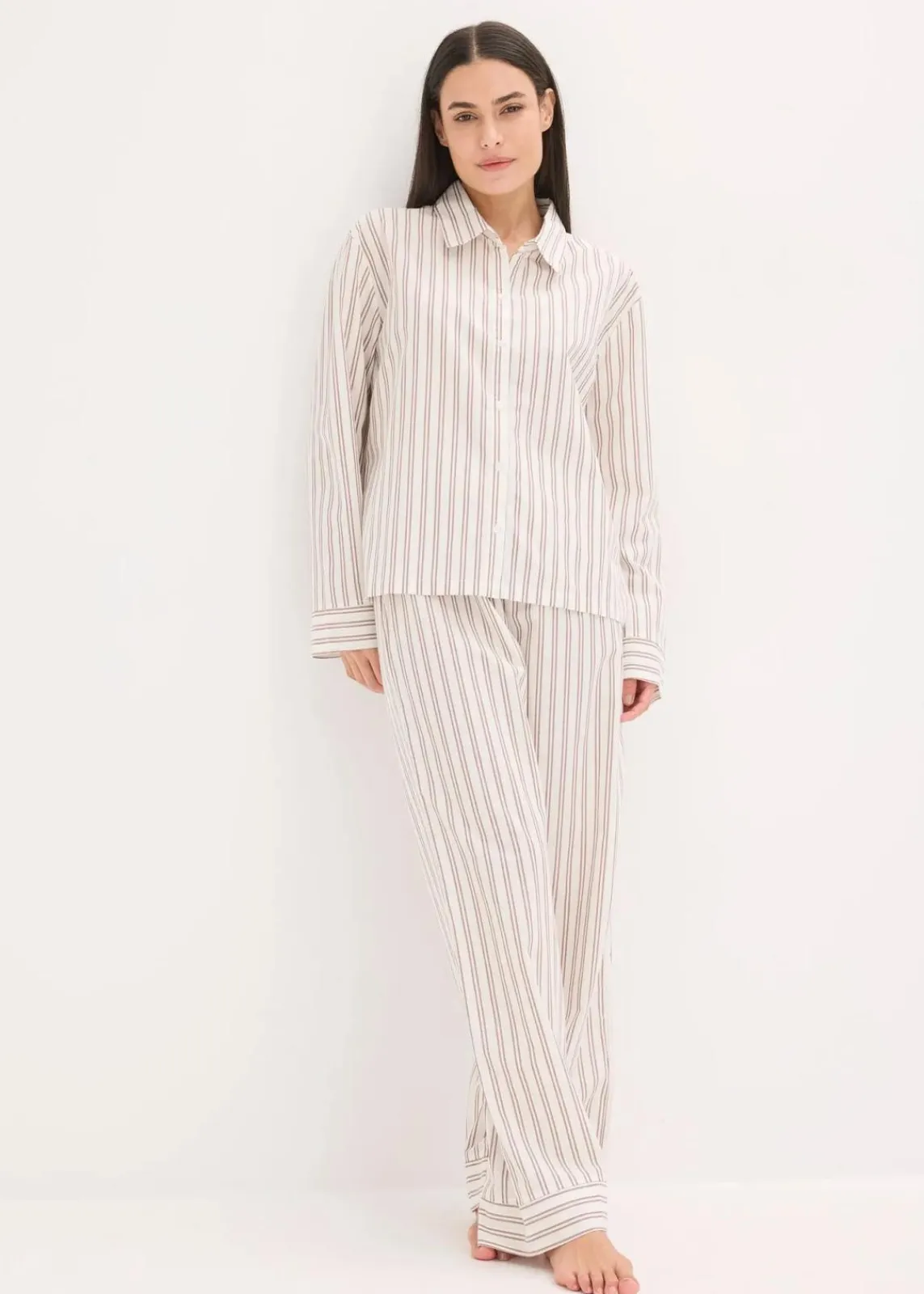 bonprix Wäsche·Homewear|Wäsche·Nachtwäsche|Weit geschnittener Loungewear Hausanzug aus gewebter Baumwolle natur/mattbraun gestreift