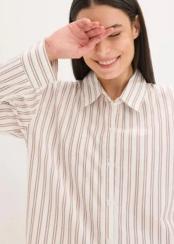 bonprix Wäsche·Homewear|Wäsche·Nachtwäsche|Weit geschnittener Loungewear Hausanzug aus gewebter Baumwolle natur/mattbraun gestreift