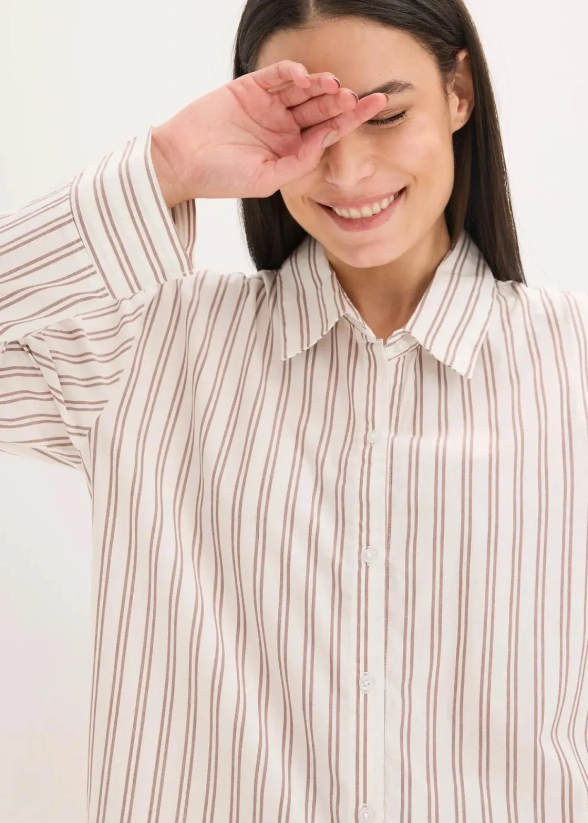 bonprix Wäsche·Homewear|Wäsche·Nachtwäsche|Weit geschnittener Loungewear Hausanzug aus gewebter Baumwolle natur/mattbraun gestreift