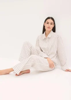 bonprix Wäsche·Homewear|Wäsche·Nachtwäsche|Weit geschnittener Loungewear Hausanzug aus gewebter Baumwolle natur/mattbraun gestreift