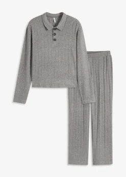 bonprix Nachtwäsche|Homewear|Weit geschnittener Loungewear Hausanzug aus weicher Rippe grau meliert