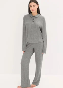 bonprix Nachtwäsche|Homewear|Weit geschnittener Loungewear Hausanzug aus weicher Rippe grau meliert